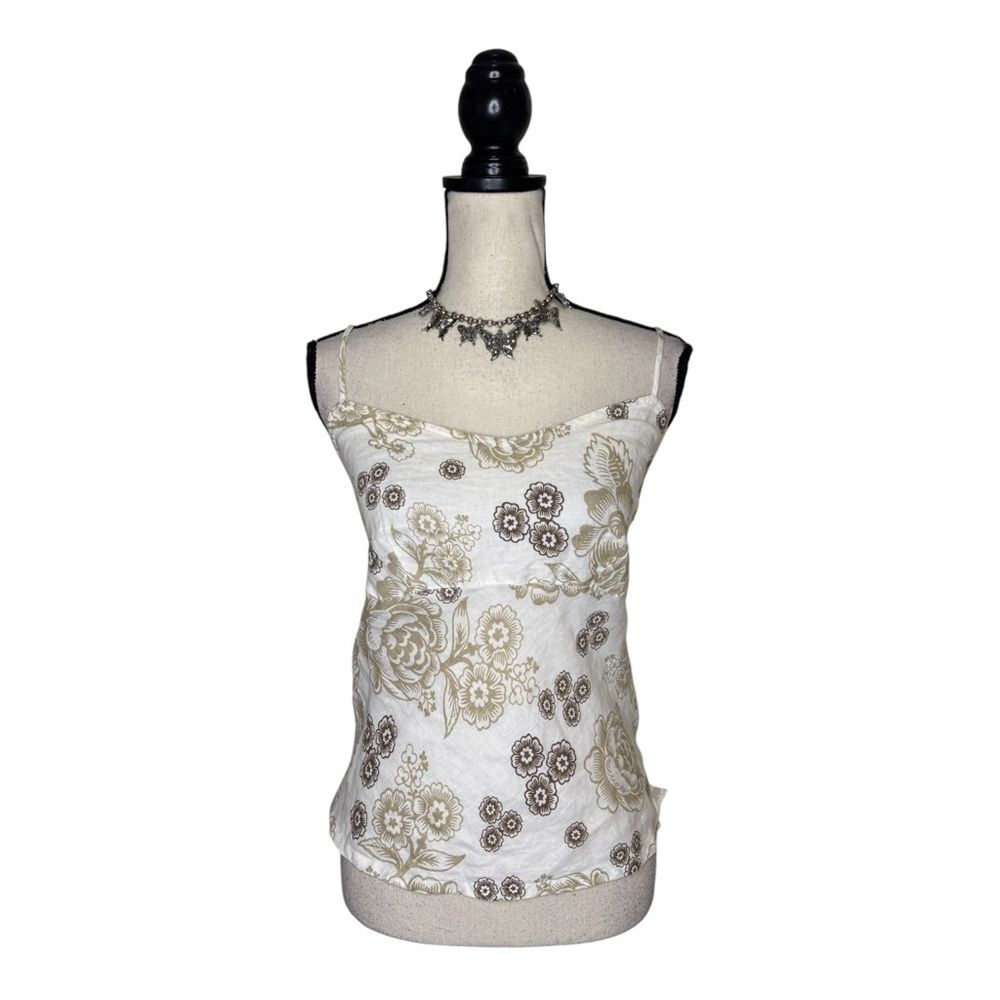 Y2K Cut Loose White Linen Hibiscus Brown Flower Babydoll Cami Size Medium